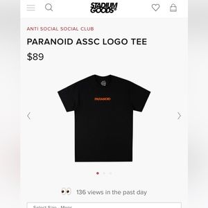 Anti Social Social Club PARANOID Tee shirt; mens small